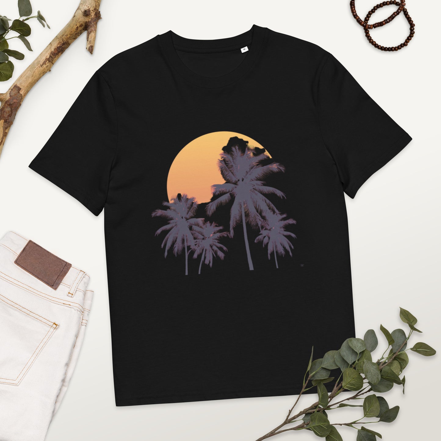 Camiseta de algodón orgánico Unisex con Estampado de Atardecer Tropical