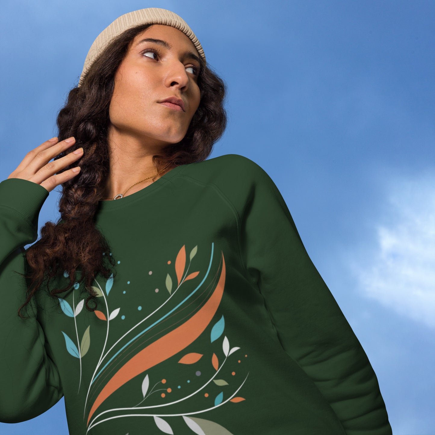 Sudadera orgánica raglán con diseño de hojas abstractas