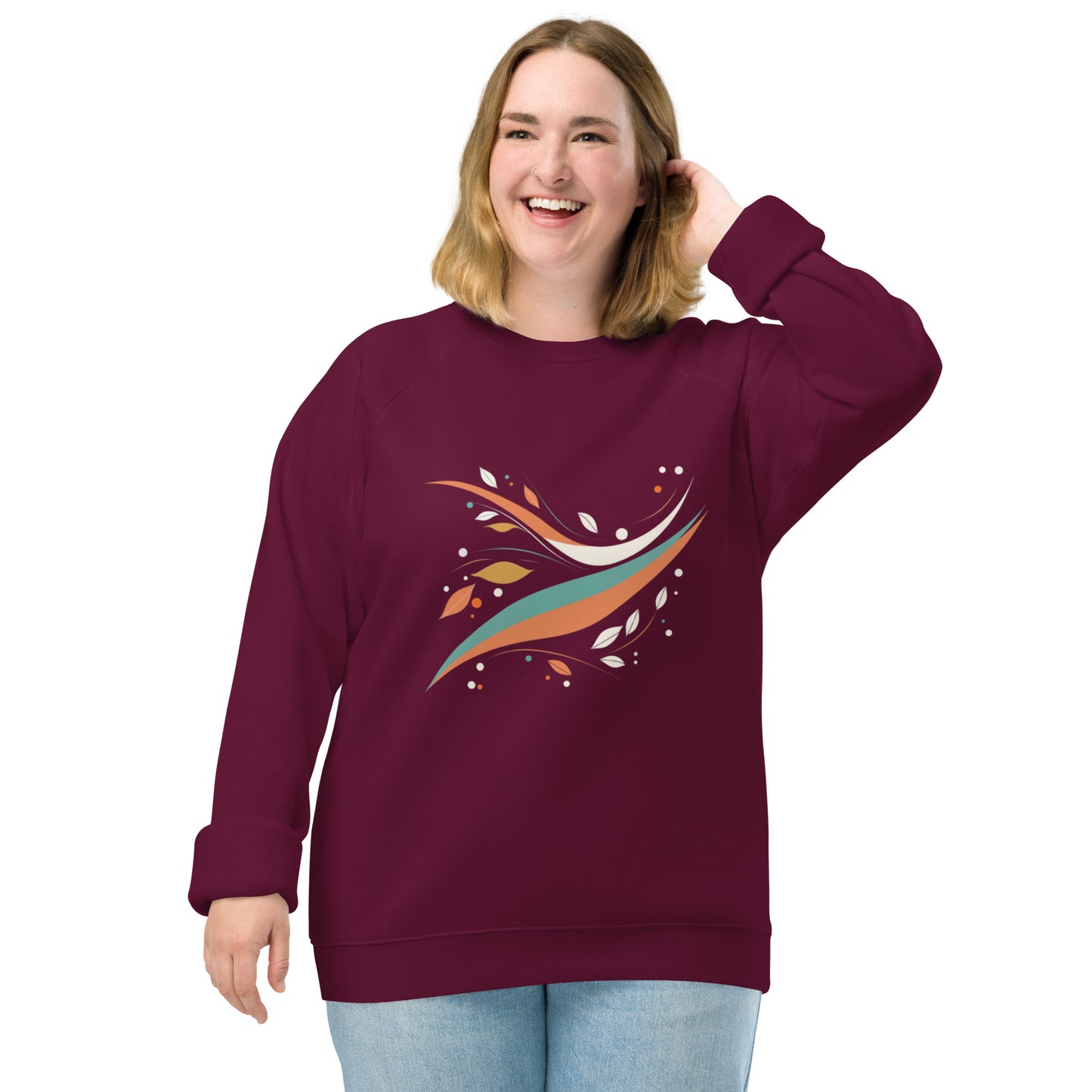 Sudadera orgánica raglán con diseño natural de hojas en movimiento