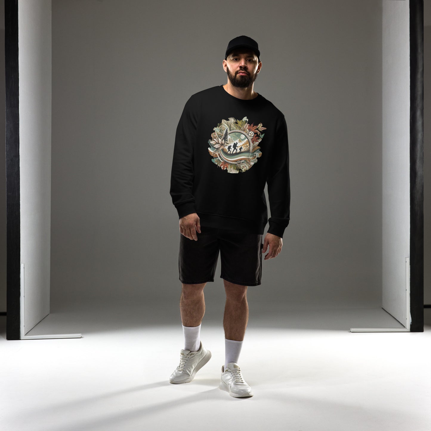 Sudadera ecológica unisex con diseño artístico y colores vibrantes.