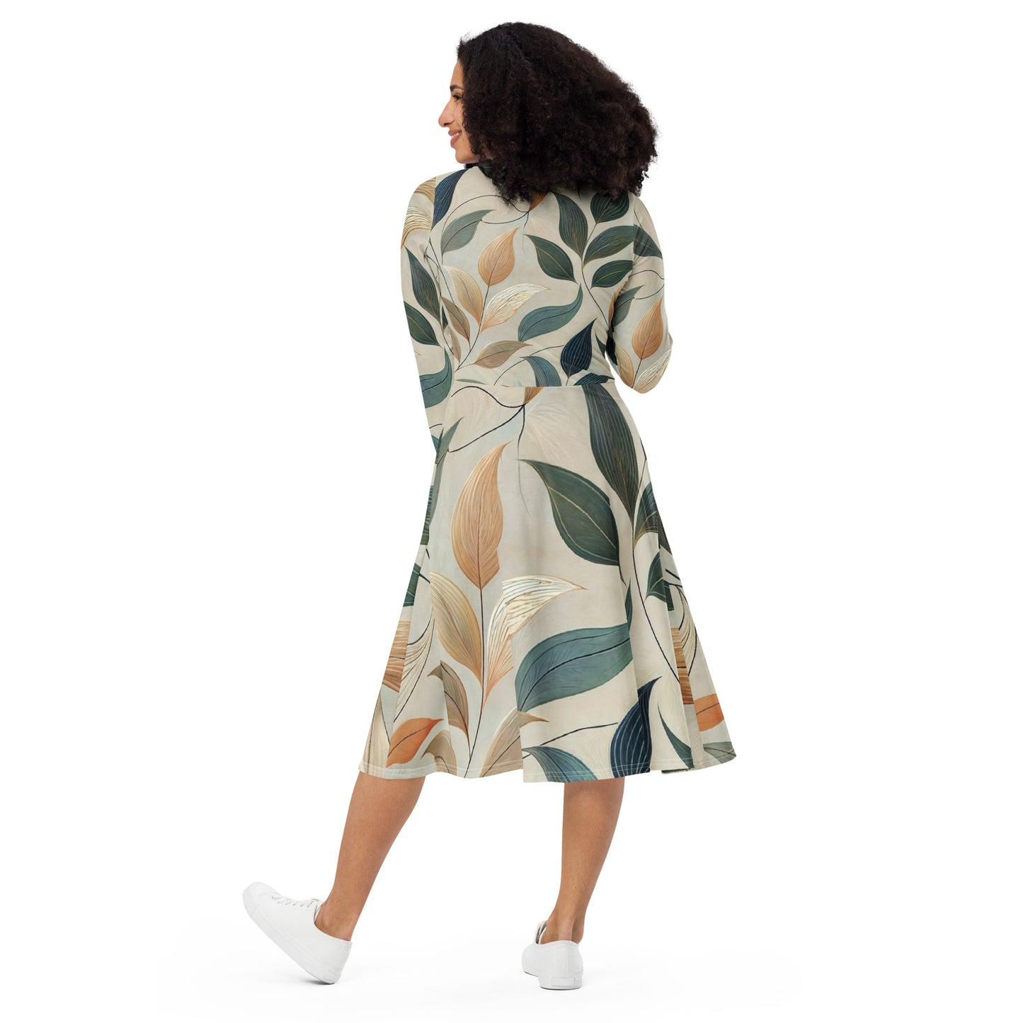 Vestido midi con manga larga, bolsillos y estampado de hojas