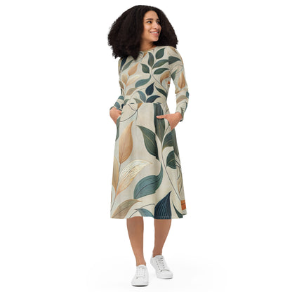 Vestido midi con manga larga, bolsillos y estampado de hojas