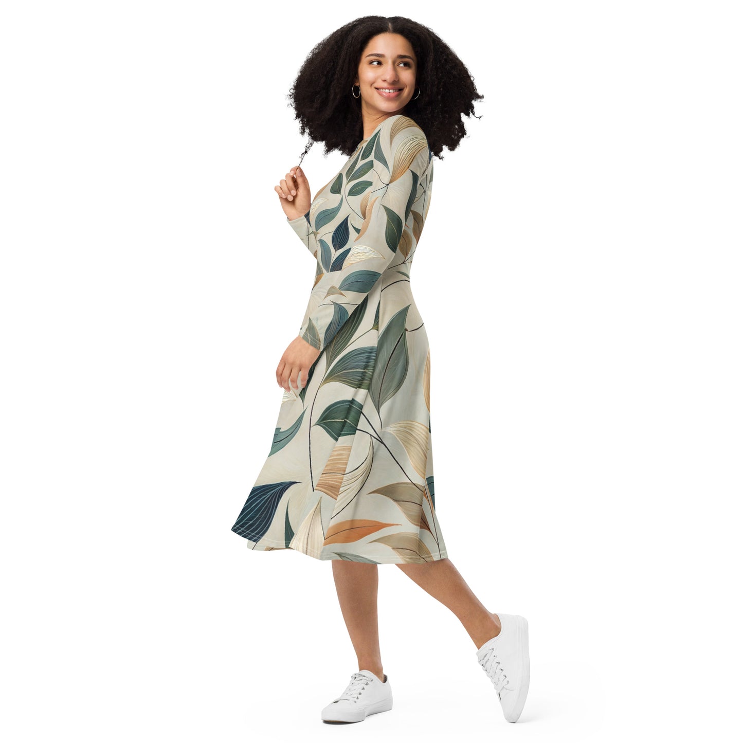 Vestido midi con manga larga, bolsillos y estampado de hojas