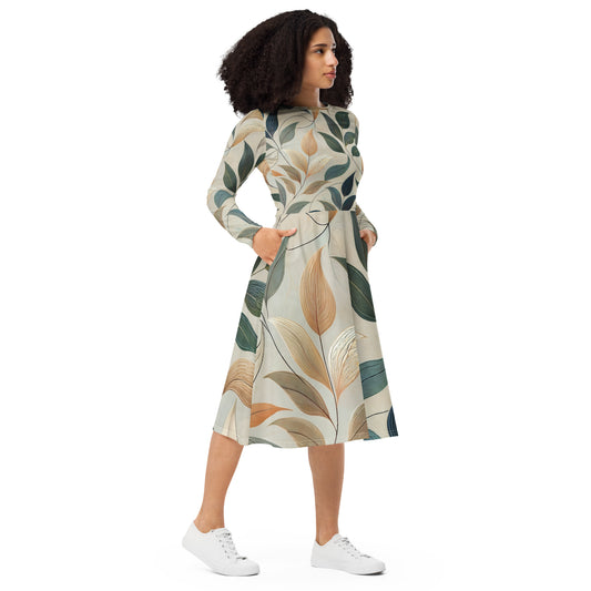 Vestido midi con manga larga, bolsillos y estampado de hojas