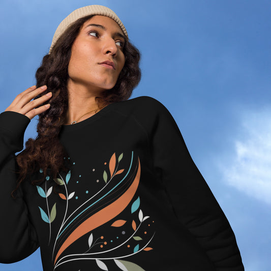 Sudadera orgánica raglán con diseño de hojas abstractas