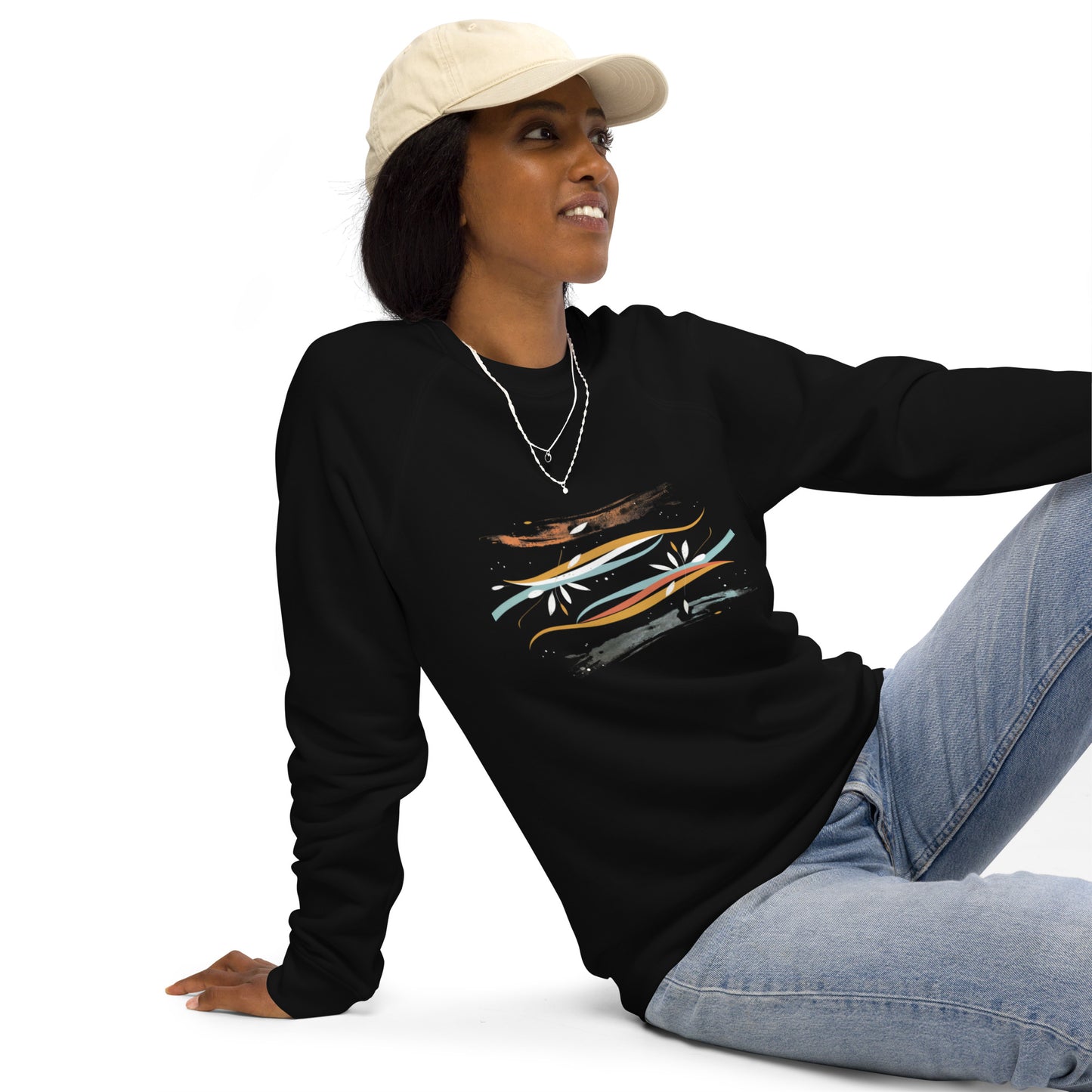 Sudadera orgánica raglán unisex con diseño artístico de líneas y flores