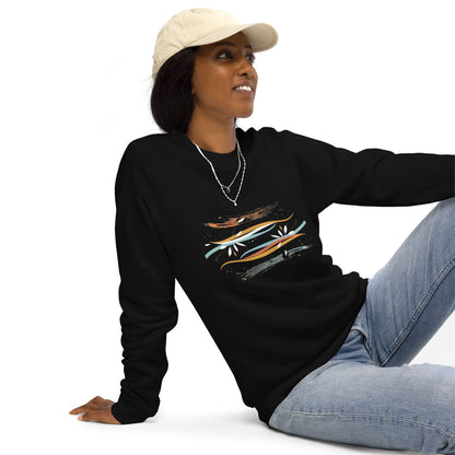 Sudadera orgánica raglán unisex con diseño artístico de líneas y flores