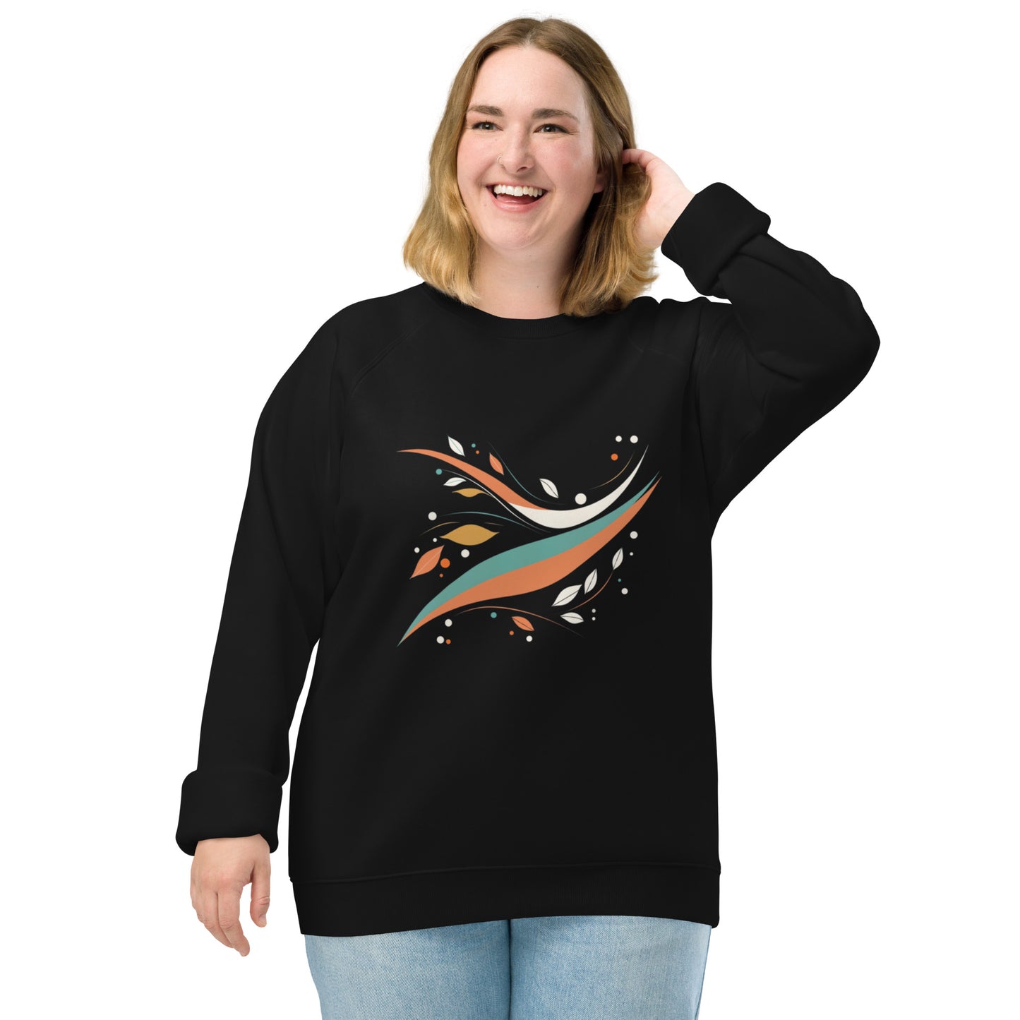 Sudadera orgánica raglán con diseño natural de hojas en movimiento