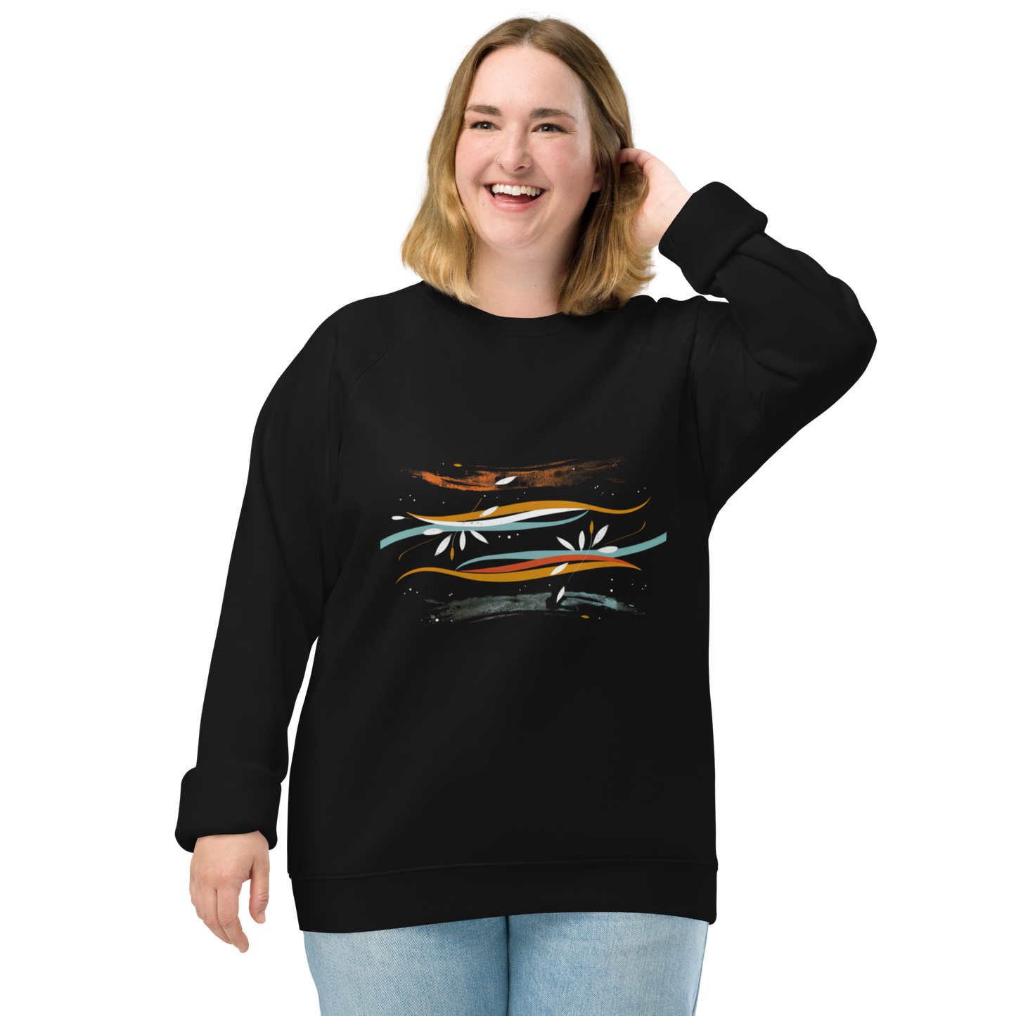 Sudadera orgánica raglán unisex con diseño artístico de líneas y flores