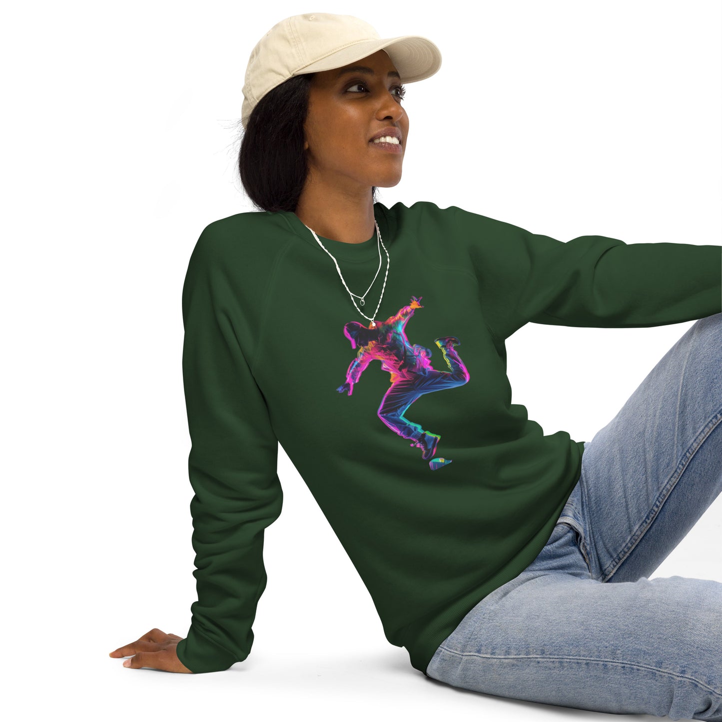 Sudadera orgánica raglán unisex con Estampado de Baile Neon