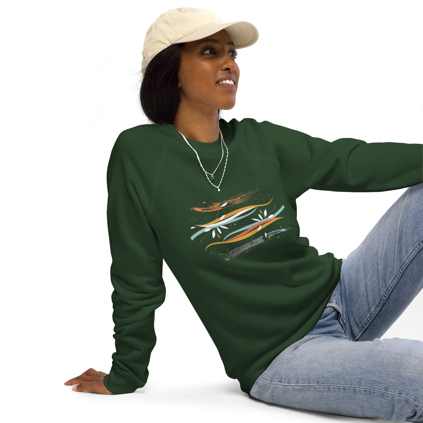 Sudadera orgánica raglán unisex con diseño artístico de líneas y flores