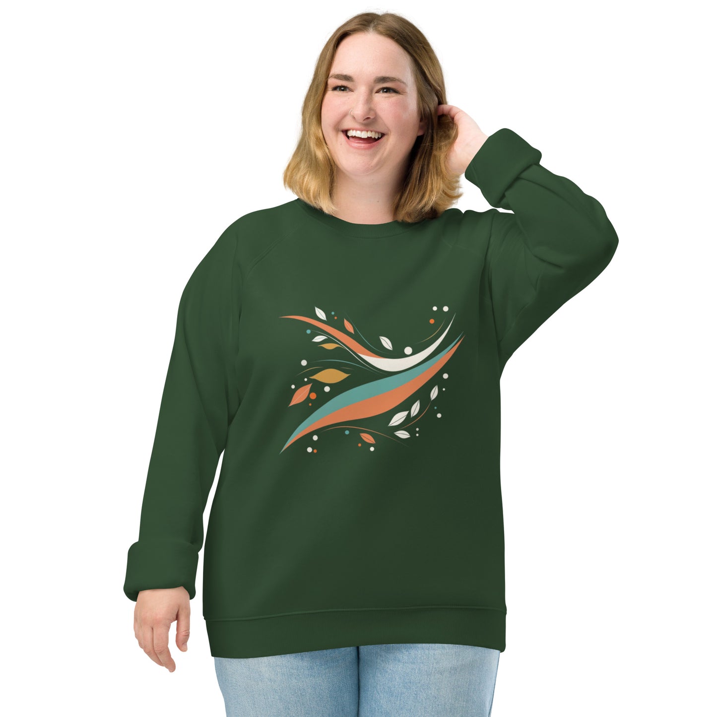 Sudadera orgánica raglán con diseño natural de hojas en movimiento