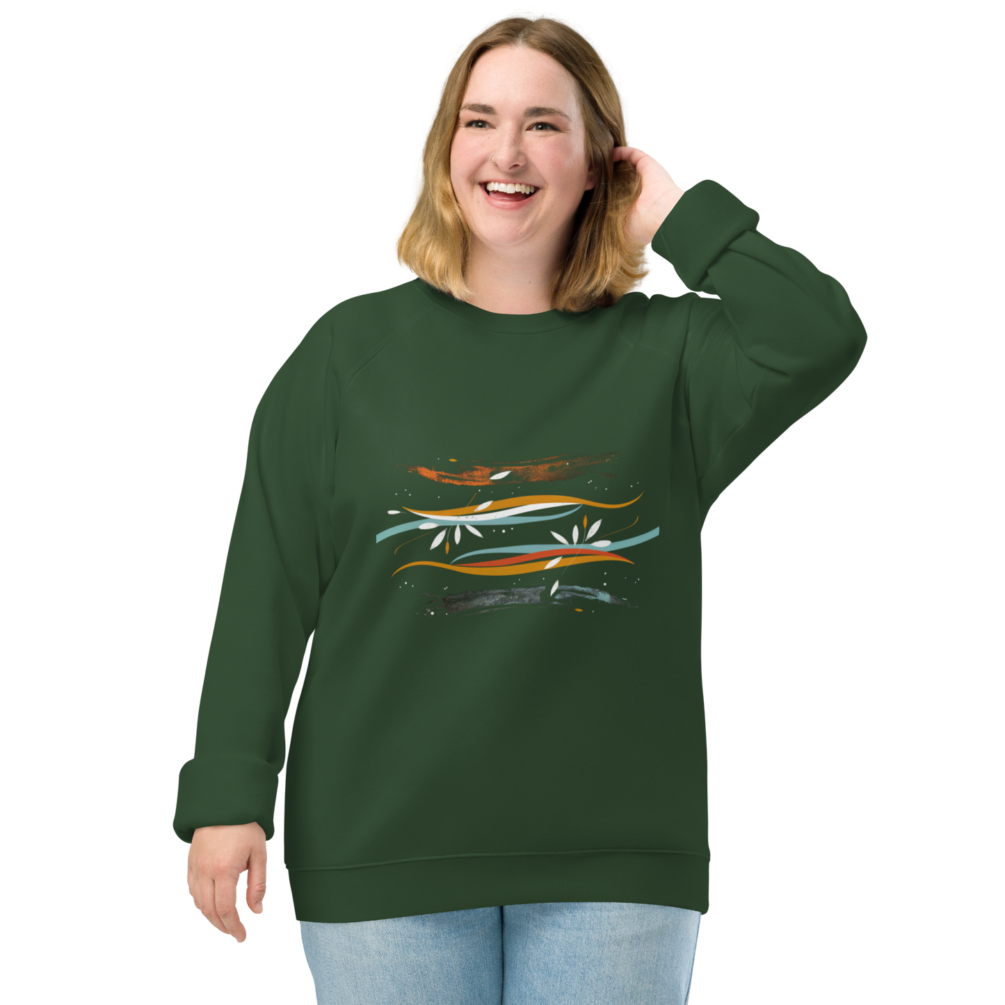 Sudadera orgánica raglán unisex con diseño artístico de líneas y flores
