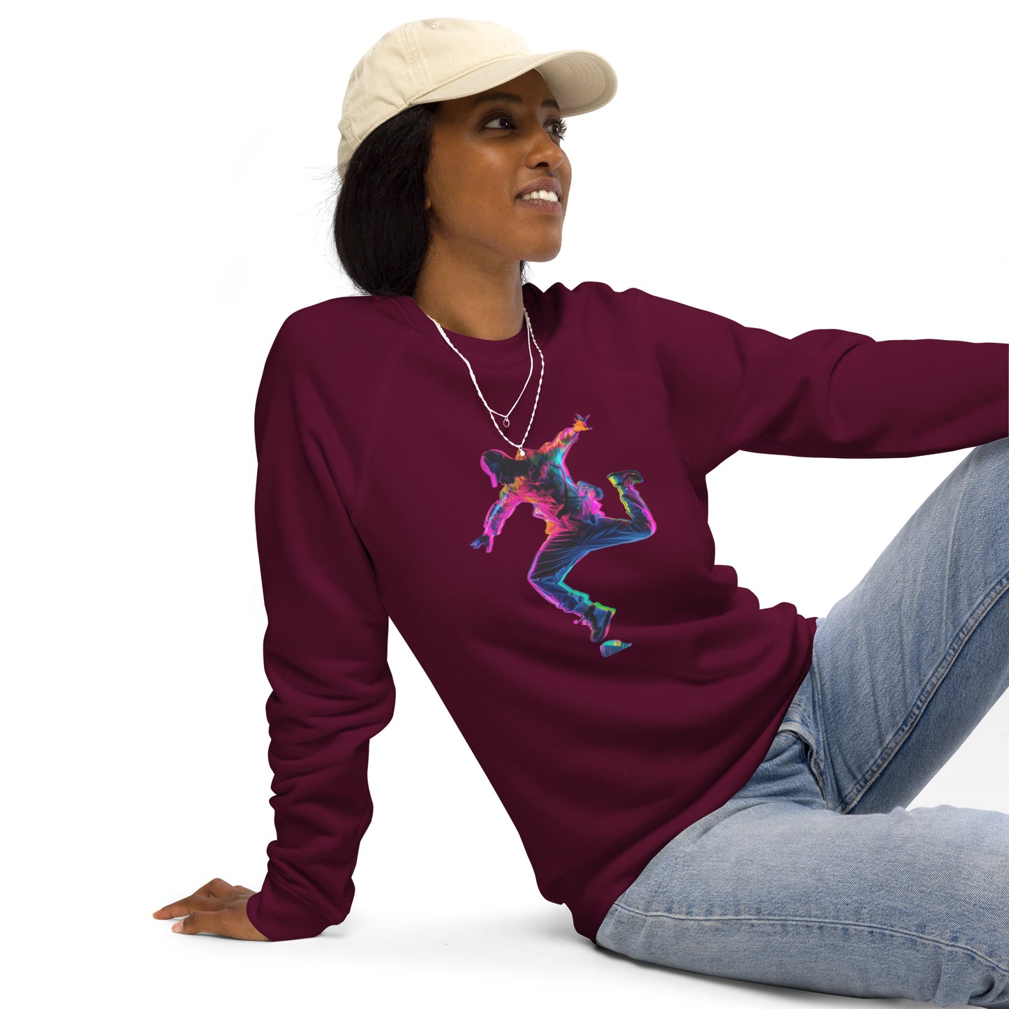 Sudadera orgánica raglán unisex con Estampado de Baile Neon