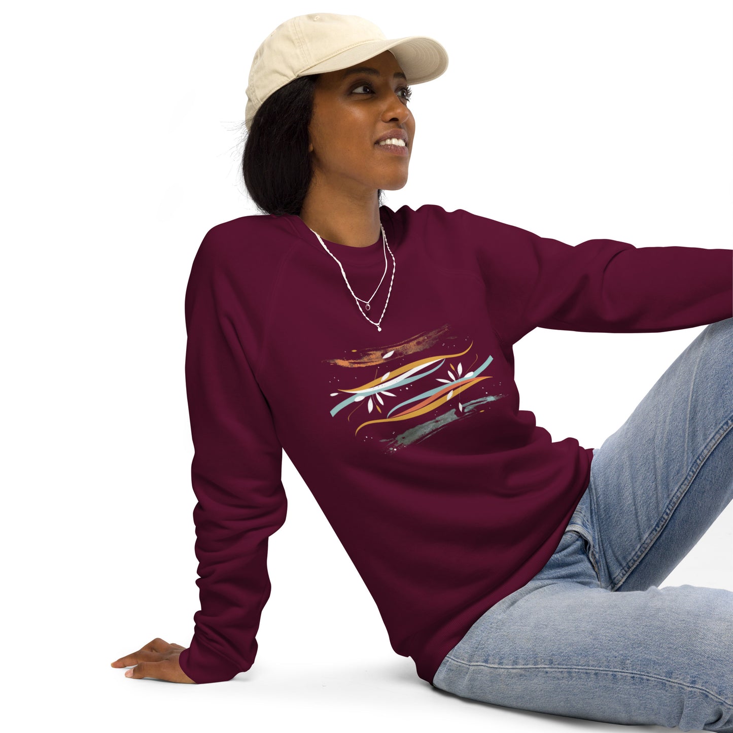 Sudadera orgánica raglán unisex con diseño artístico de líneas y flores