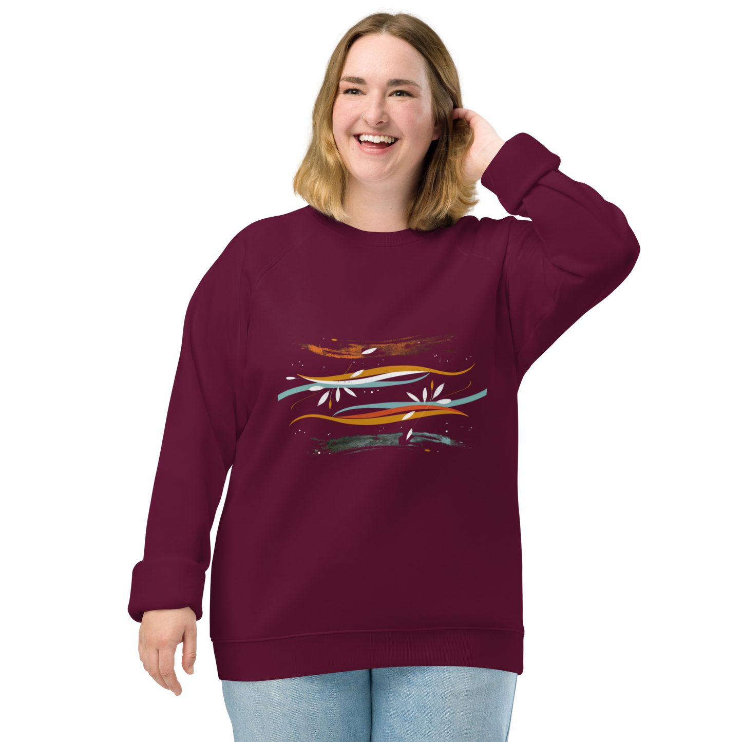 Sudadera orgánica raglán unisex con diseño artístico de líneas y flores