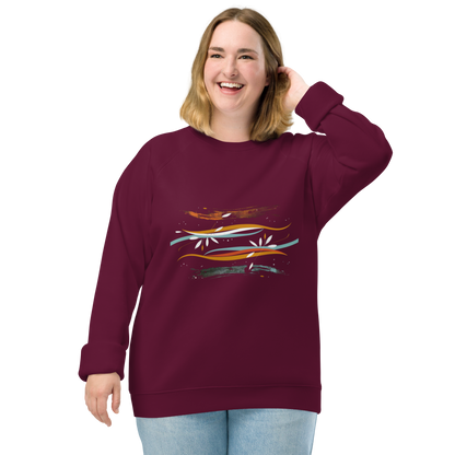 Sudadera orgánica raglán unisex con diseño artístico de líneas y flores