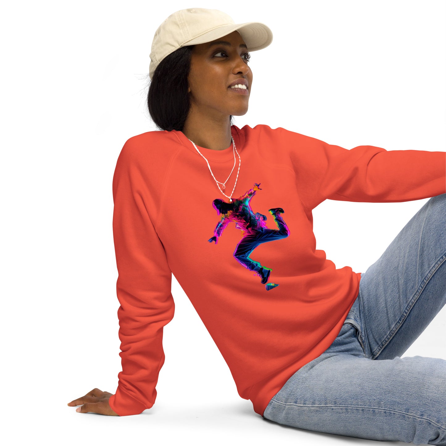 Sudadera orgánica raglán unisex con Estampado de Baile Neon