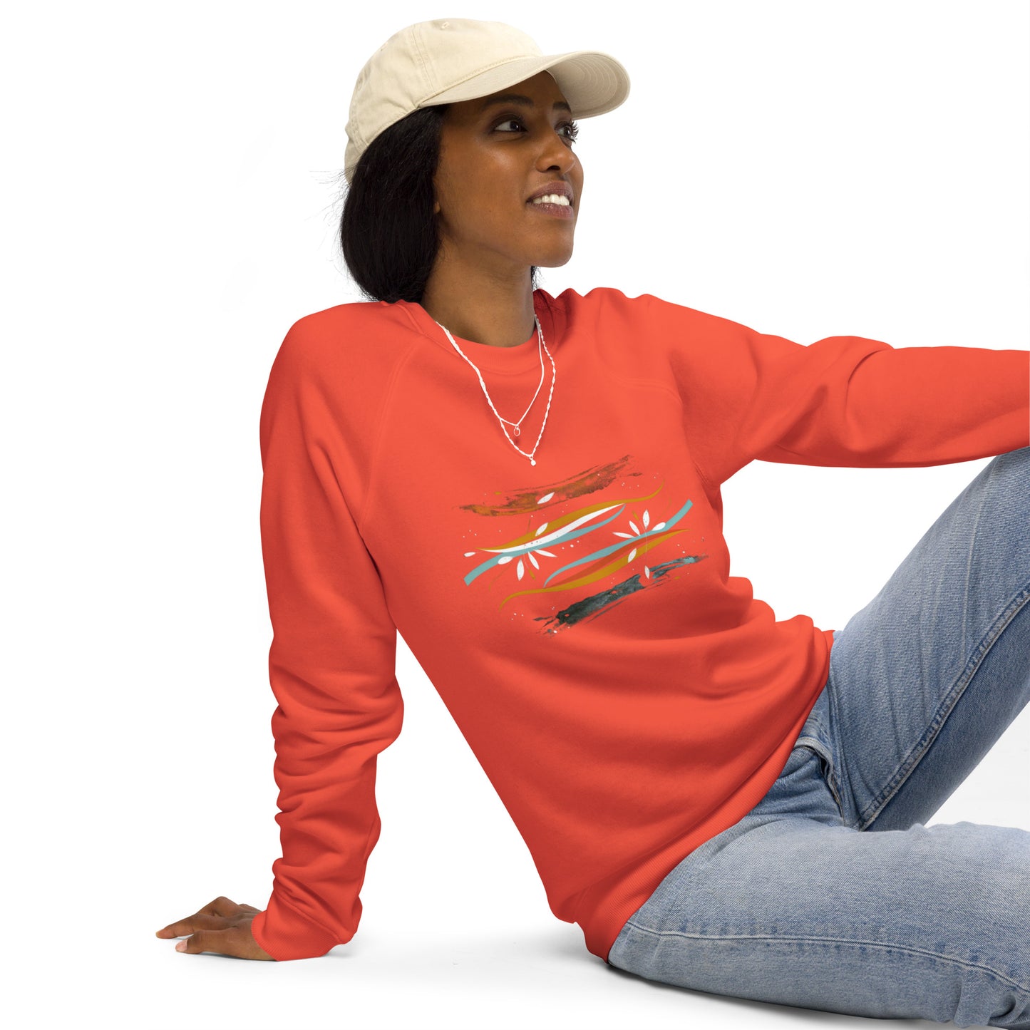 Sudadera orgánica raglán unisex con diseño artístico de líneas y flores