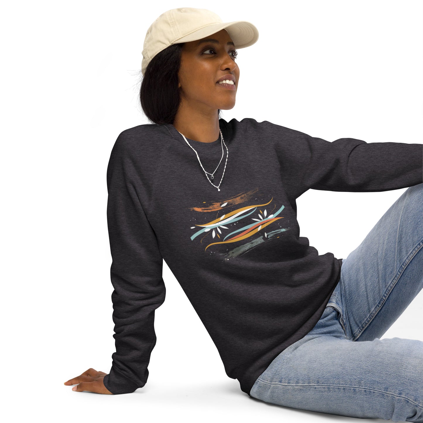 Sudadera orgánica raglán unisex con diseño artístico de líneas y flores