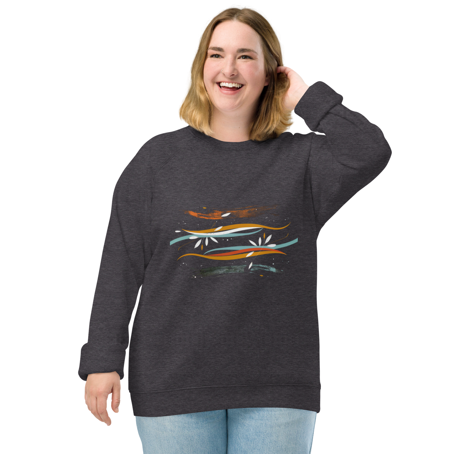 Sudadera orgánica raglán unisex con diseño artístico de líneas y flores