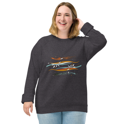 Sudadera orgánica raglán unisex con diseño artístico de líneas y flores