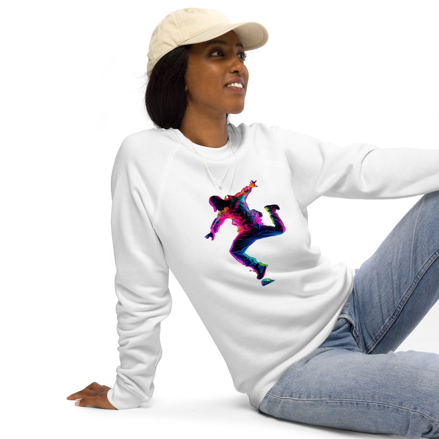 Sudadera orgánica raglán unisex con Estampado de Baile Neon