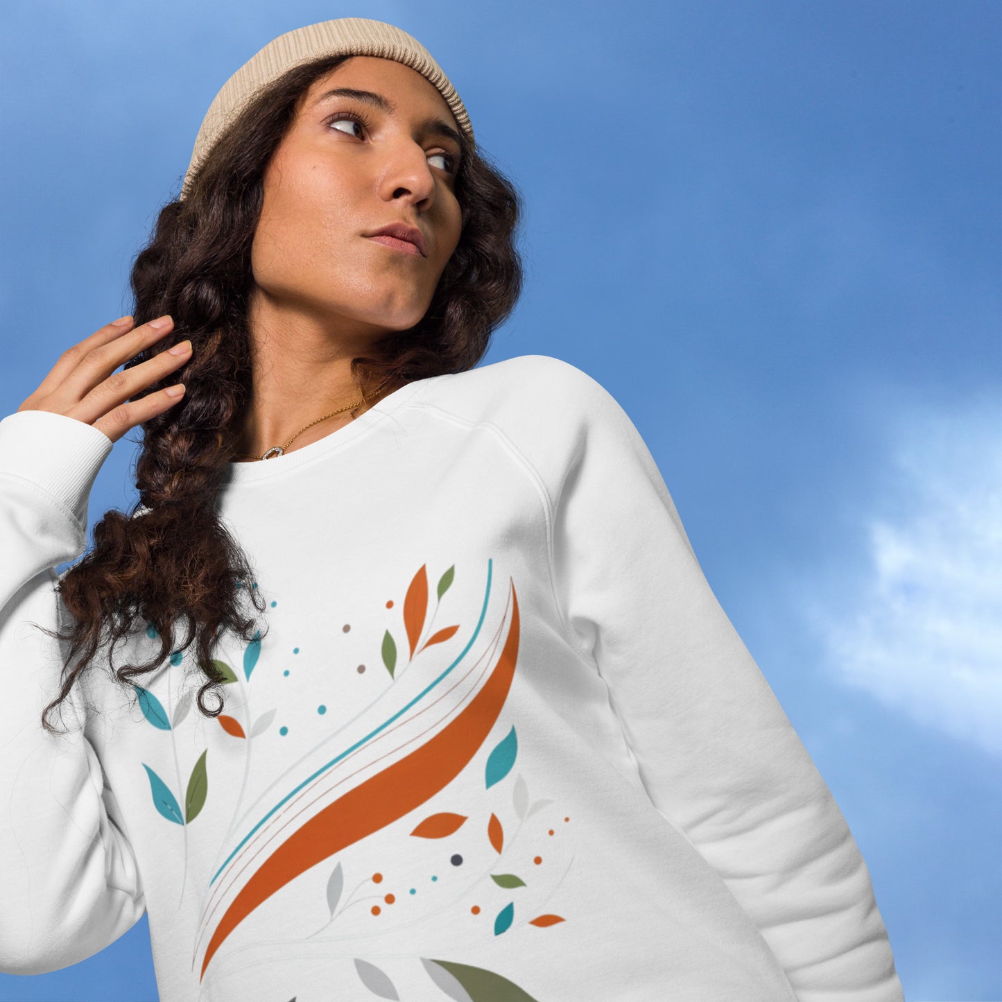 Sudadera orgánica raglán con diseño de hojas abstractas
