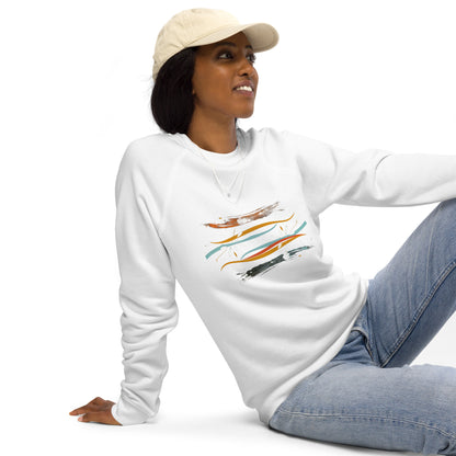 Sudadera orgánica raglán unisex con diseño artístico de líneas y flores