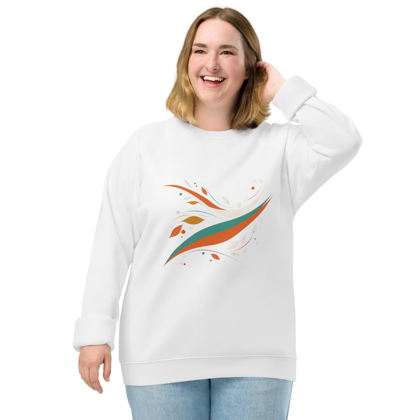 Sudadera orgánica raglán con diseño natural de hojas en movimiento