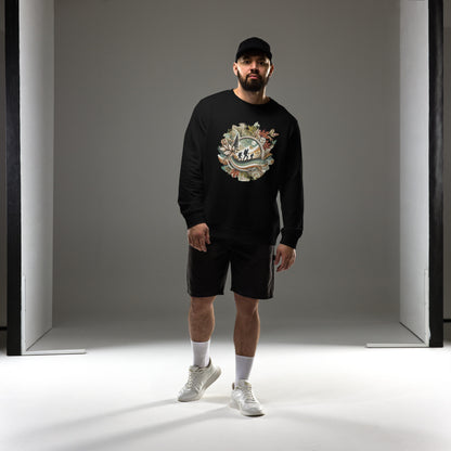 Sudadera ecológica unisex con diseño artístico y colores vibrantes.