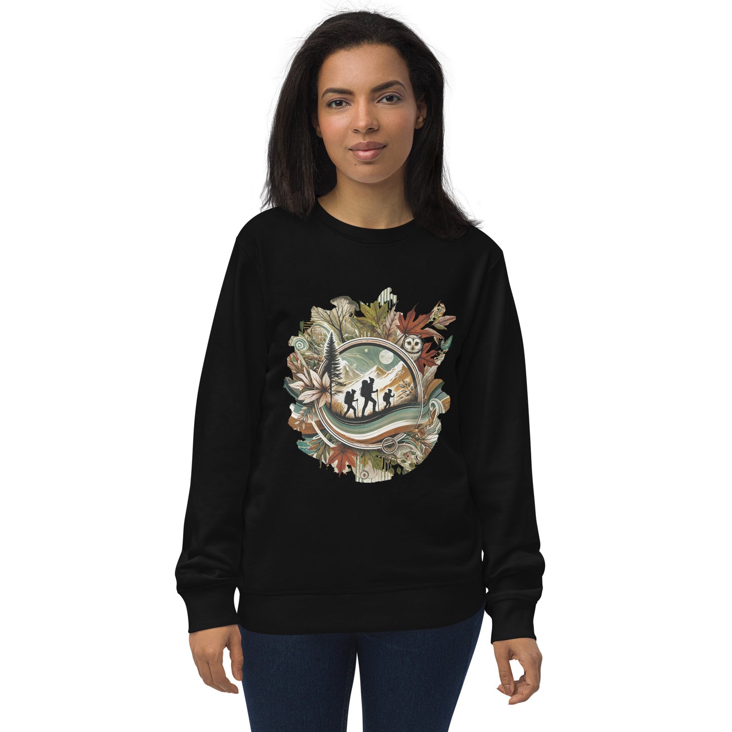Sudadera ecológica unisex con diseño artístico y colores vibrantes.