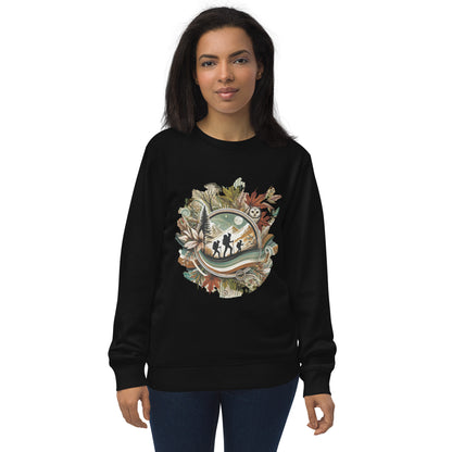 Sudadera ecológica unisex con diseño artístico y colores vibrantes.