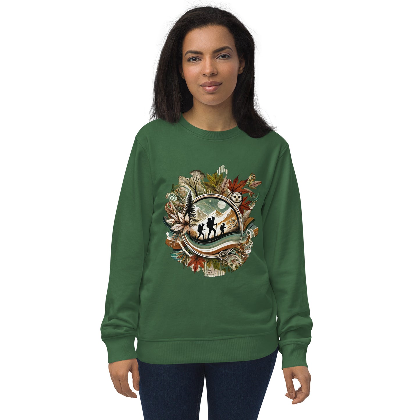 Sudadera ecológica unisex con diseño artístico y colores vibrantes.