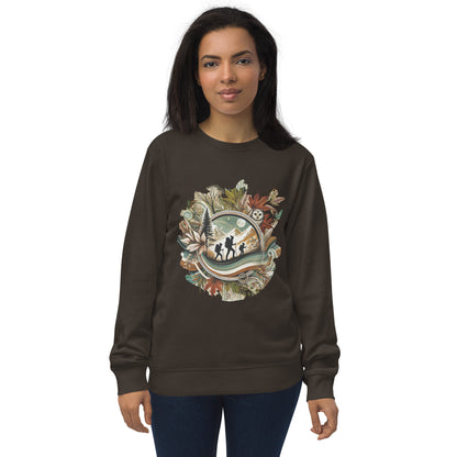 Sudadera ecológica unisex con diseño artístico y colores vibrantes.