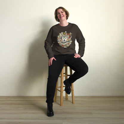 Sudadera ecológica unisex con diseño artístico y colores vibrantes.