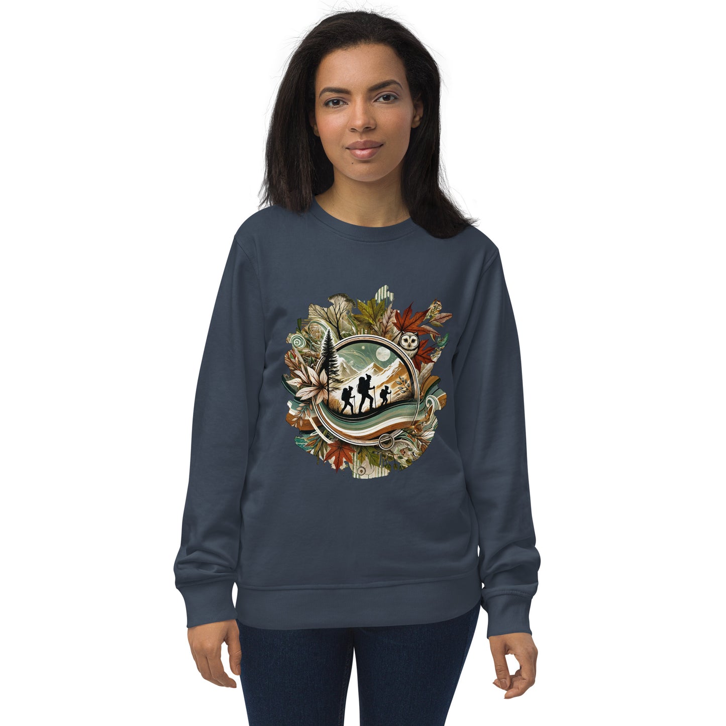 Sudadera ecológica unisex con diseño artístico y colores vibrantes.