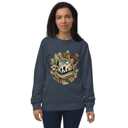 Sudadera ecológica unisex con diseño artístico y colores vibrantes.