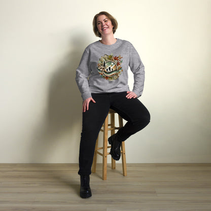 Sudadera ecológica unisex con diseño artístico y colores vibrantes.