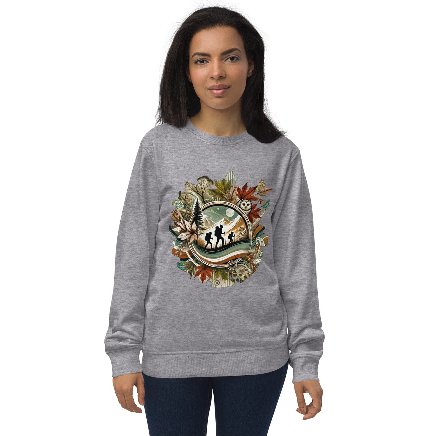 Sudadera ecológica unisex con diseño artístico y colores vibrantes.