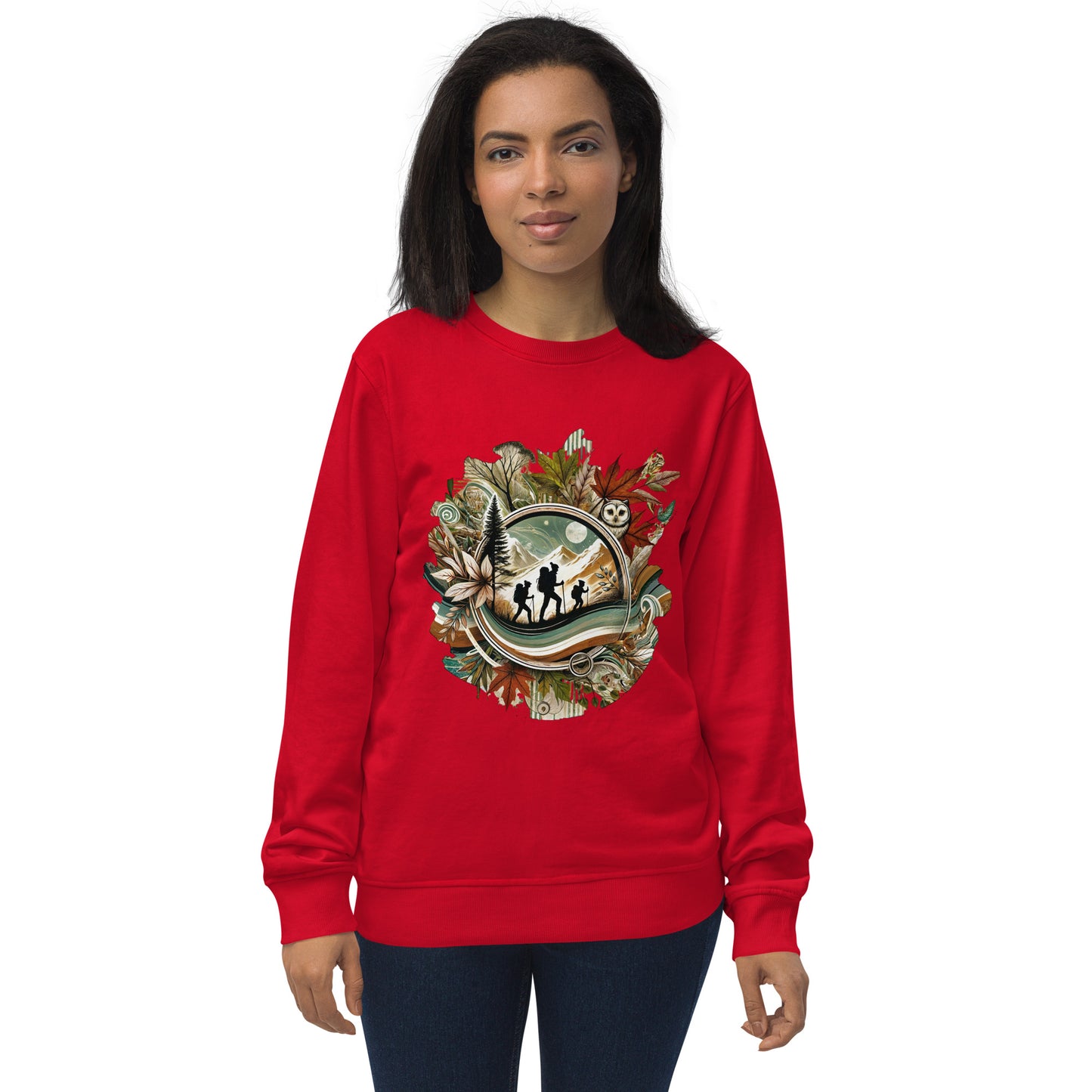 Sudadera ecológica unisex con diseño artístico y colores vibrantes.