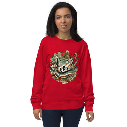 Sudadera ecológica unisex con diseño artístico y colores vibrantes.
