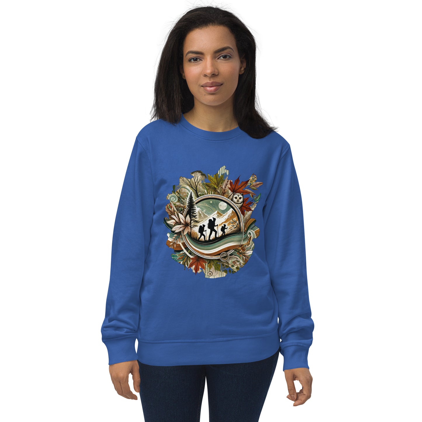 Sudadera ecológica unisex con diseño artístico y colores vibrantes.