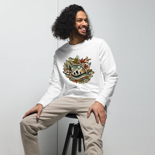Sudadera ecológica unisex con diseño artístico y colores vibrantes.
