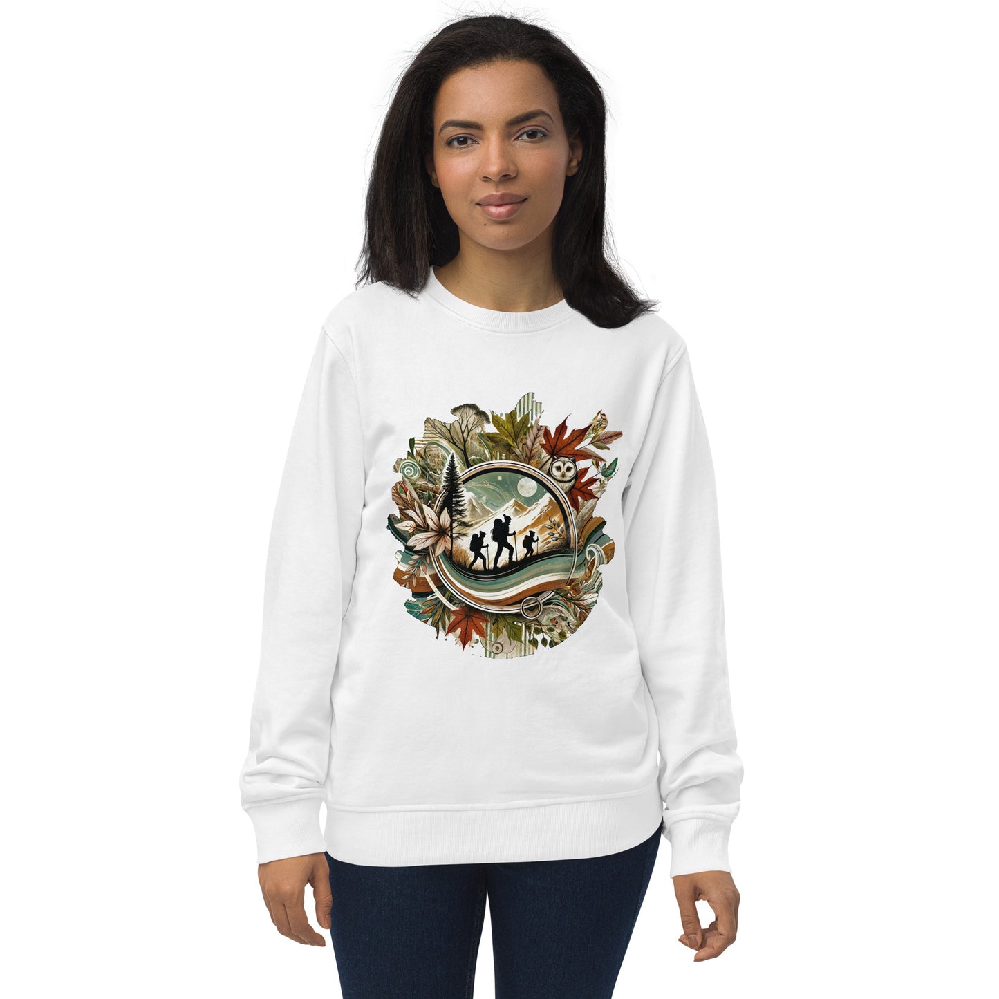 Sudadera ecológica unisex con diseño artístico y colores vibrantes.